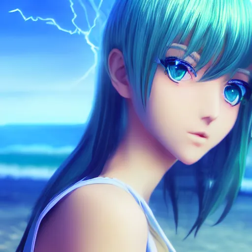 Image similar to render as a very beautiful 3d anime girl, short green hair, azure blue eyes, full round face, short smile, casual clothes, serene beach setting, cinematic lightning, medium shot, mid-shot, highly detailed, trending on Artstation, Unreal Engine 4k, cinematic wallpaper
