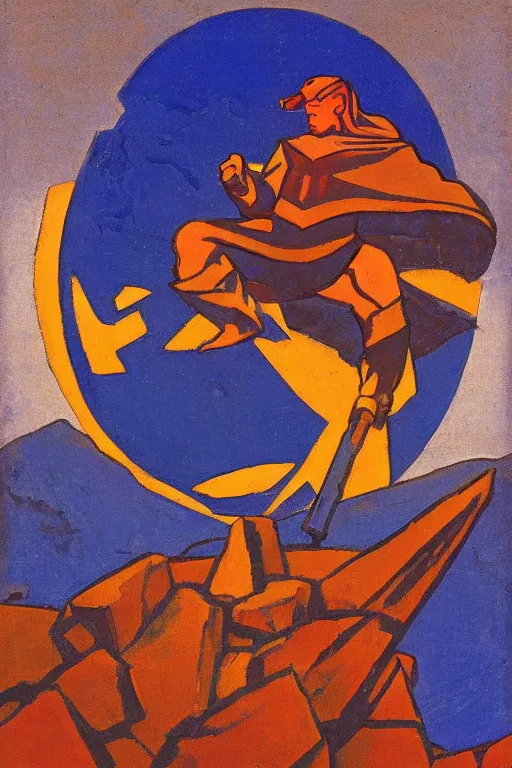 Image similar to thor holding the hammer, stay on mountain, marvel, artwork by nicholas roerich,