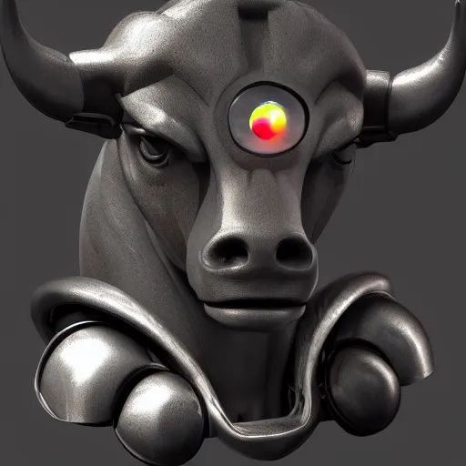 Image similar to a standing anthro bull android modeled after a bull made of hard rubber looking into the camera, android, cyborg, half body, intricate, 3 d, hyper realism, fantasy, depth of field, octane render, symmetrical, highly detailed, digital art, artstation, concept art, cinematic lighting, trending