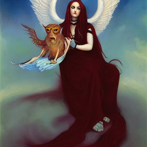 Prompt: portrait of a angelic woman and her demonic pet, by Gerald Brom