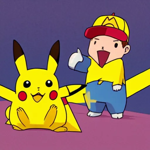 Prompt: Pikachu is fighting with a bear