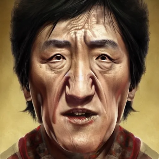 Image similar to Jackie Chan as a zombie, by WLOP, detailed, realistic, trending on artstation