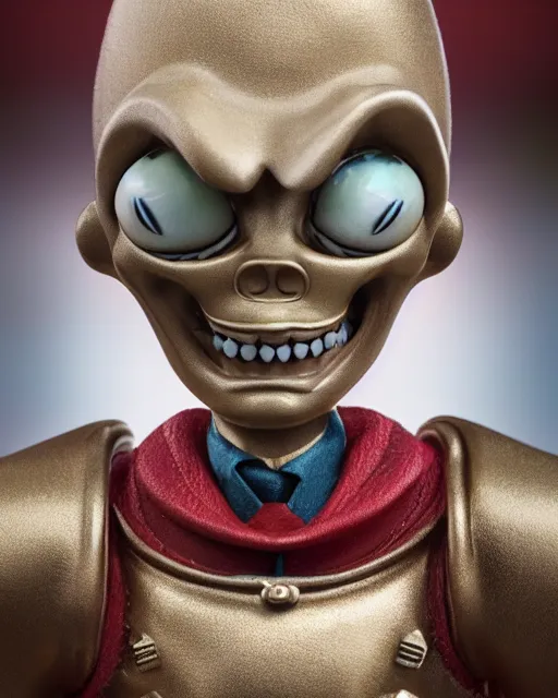 Prompt: highly detailed closeup, face profile portrait of a tin toy mars attacks, depth of field, fashion photoshoot by nicoletta ceccoli, mark ryden, lostfish, dan decarlo, bob clampett, max fleischer, breathtaking, detailed and intricate environment, 8 k resolution, hyperrealistic, octane render
