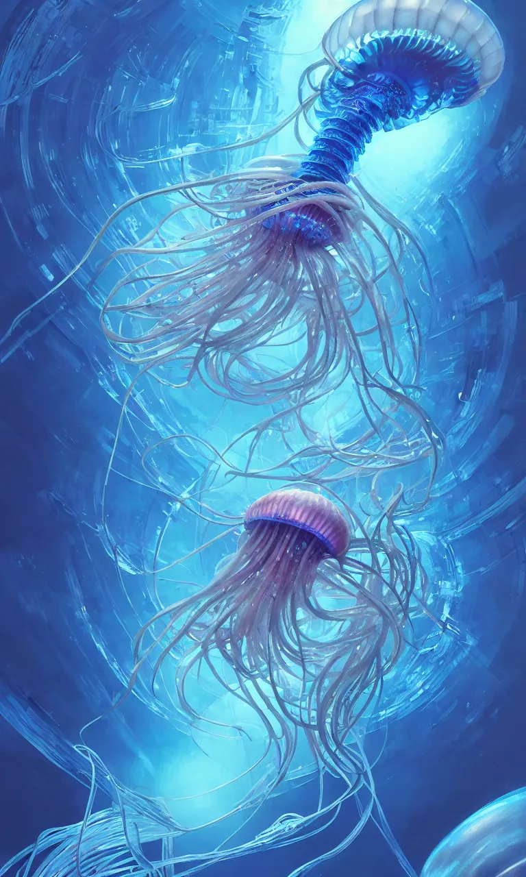 Image similar to Panorama hyper detailed painting of a cyberpunk jellyfish, blue tones, underwater, 8 mm, highly detailed, digital painting, artstation, concept art, smooth, sharp focus, illustration, art by artgerm and greg rutkowski and alphonse mucha