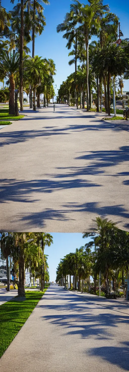 Image similar to depth of field 3 d render of sidewalk with bike path, palm trees, accessible for the disabled, by professional photographer, 8 k resolution, photo, high quality