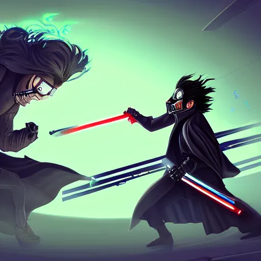 Image similar to beautiful digital painting of rick sanchez fighting darth vader. trending on artstation