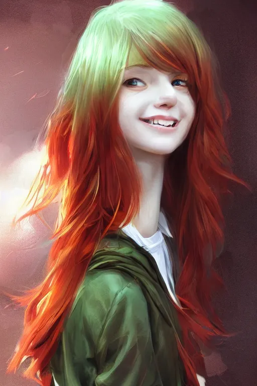 Image similar to beautiful cute red haired joyful and playful nineteen year old girl standing up in casual green clothing, long hair, modern city, rpg character, sci - fi, fantasy, intricate, elegant, digital painting, artstation, concept art, smooth, 8 k frostbite 3 engine, ultra detailed, art by artgerm and greg rutkowski and magali villeneuve