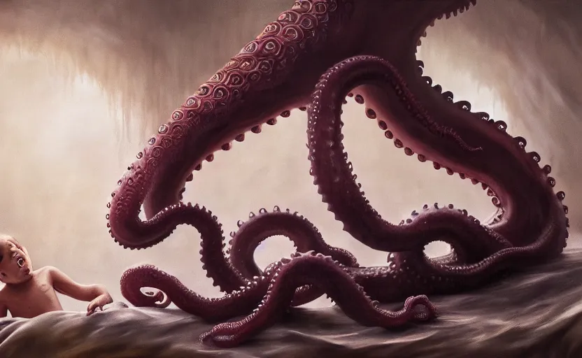 Image similar to matte oil painting of a large lovecraftian tentacle creature crawling over a child's bedroom, extremely detailed, disturbing, cinematic, 4 k, 8 k