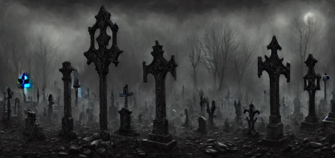 Prompt: A dark and haunted graveyard with Evil ghost spirits raoming in the style of Keith Thompson, christopher bretz and kael ngu and Zdzislaw Beksinski, Artstation HD, 8k, Surrealistic digital artwork, highly detailed, digital painting, HDRI, vivid colors, high contrast, 8k resolution, intricate, photorealistic, smooth