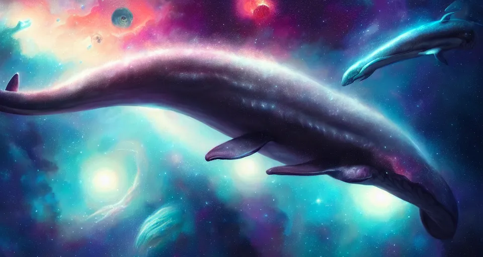 Prompt: highly detailed illustration of space whales, colorful nebula background, artstation, cinematic lighting, hyperdetailed, cgsociety, 8k, high resolution, Charlie Bowater, Tom Bagshaw, Norman Rockwell, insanely detailed and intricate