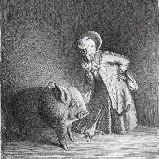 Prompt: pig, tuxedo, illustration by Gustave Doré, high detail, eerie, creepy, dark, night, misty, moon, chiaroscuro, film noir