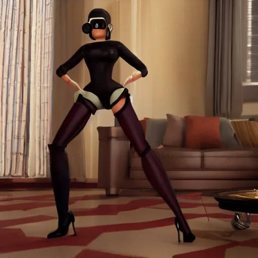 Prompt: amazing beautiful Spy from Team Fortress 2 barbie doll wearing leather in the living room, film still from the movie directed by Denis Villeneuve , wide lens