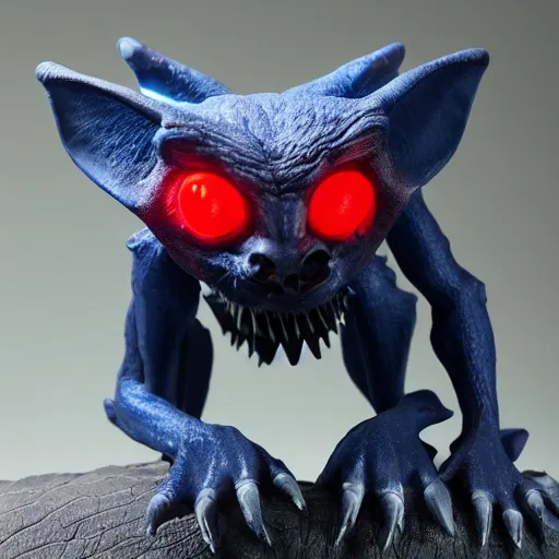 Image similar to detailed full body of scary giant mutant dark blue humanoid pygmy-bat, glowing red eyes, sharp teeth, acid leaking from mouth, realistic, giant, bat ears, bat nose, furred, detailed, 85mm f/1.4
