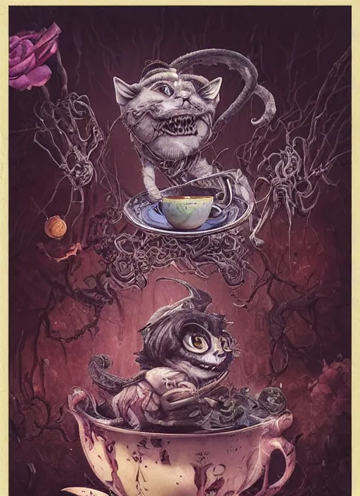 Prompt: Cheshire Cat drinking tea, Death Tarot card,highly detailed,half skull face,cinematic,8k,by Stanley Artgermm,Tom Bagshaw,Greg Rutkowski,Carne Griffiths, Ayami Kojima, Beksinski, Giger,trending on DeviantArt,hyper detailed,horror, full of colour