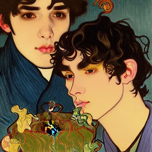 Image similar to painting of young cute handsome beautiful dark medium wavy hair man in his 2 0 s named shadow taehyung and cute handsome beautiful min - jun together at the halloween party, bubbling cauldron, candles, smoke, tarot, autumn colors, elegant, stylized, soft facial features, delicate facial features, art by alphonse mucha, vincent van gogh, egon schiele