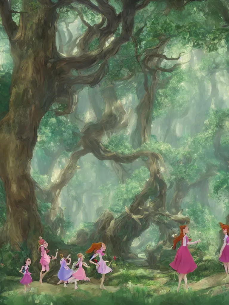 Image similar to girls in enchanted forest by disney concept artists, blunt borders, rule of thirds