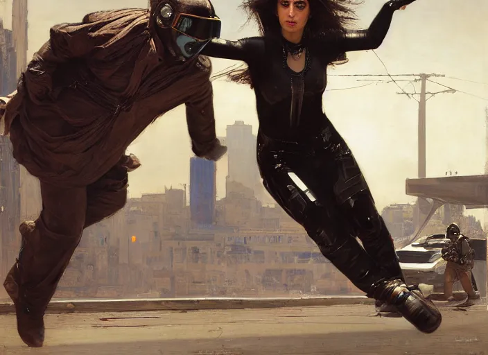 Image similar to sophia evades sgt Nash. Cyberpunk free runner escaping menacing police troopers (blade runner 2049). Gorgeous face. Iranian orientalist portrait by john william waterhouse and Edwin Longsden Long and Theodore Ralli and Nasreddine Dinet, oil on canvas. Cinematic, hyper realism, realistic proportions, dramatic lighting, high detail 4k