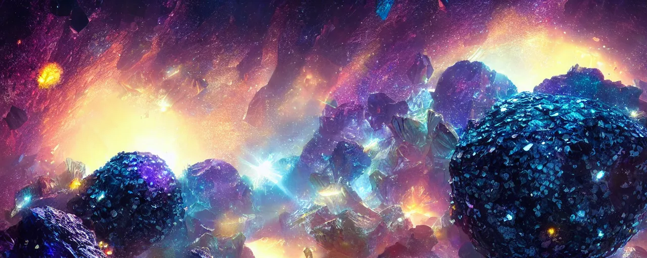 Prompt: asteroid made of shiny diamonds and crystals, [ shards, facets, by paul lehr, cinematic, detailed, epic, widescreen, opening, establishing, mattepainting, photorealistic, realistic textures, octane render ]