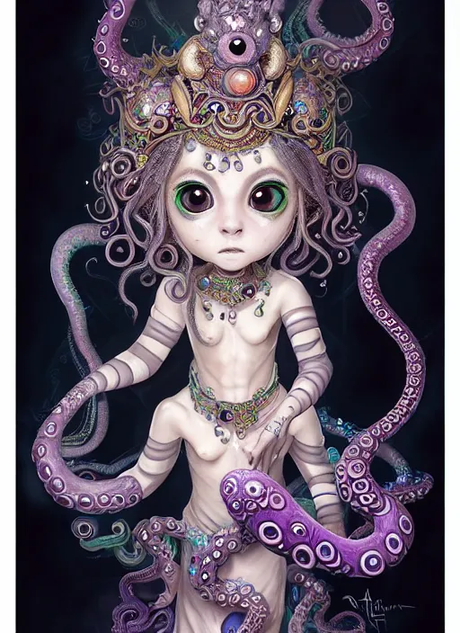 Prompt: A full shot of a cute magical monster Cryptid wearing an ornate dress made of opals and tentacles. Chibi. Subsurface Scattering. Translucent Skin. Caustics. Prismatic light. defined facial features, symmetrical facial features. Opalescent surface. Soft Lighting. beautiful lighting. By Giger and Ruan Jia and Artgerm and WLOP and William-Adolphe Bouguereau and Loish and Lisa Frank. Sailor Moon. Masterpiece. trending on artstation, featured on pixiv, award winning, cinematic composition, dramatic pose, sharp, details, Hyper-detailed, HD, HDR, 4K, 8K.