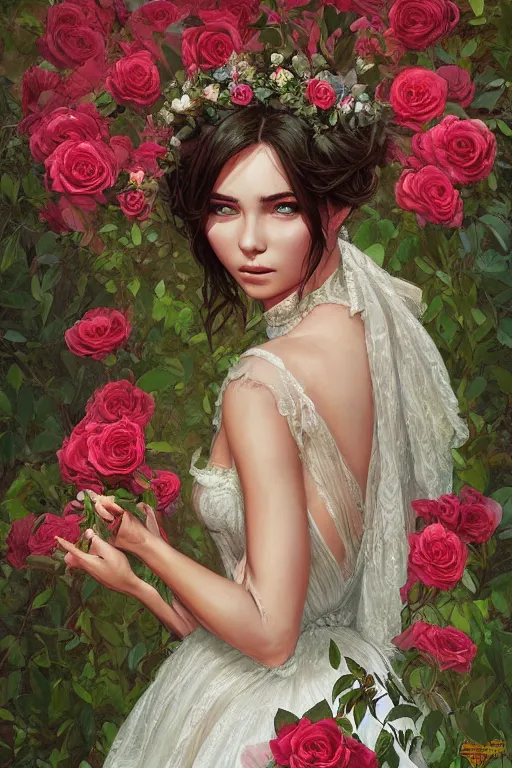 Image similar to beautiful woman in the middle of a lush garden with roses in her hair and an intricate gown, highly detailed, portrait, artstation, art by artgerm and greg rutkowski,