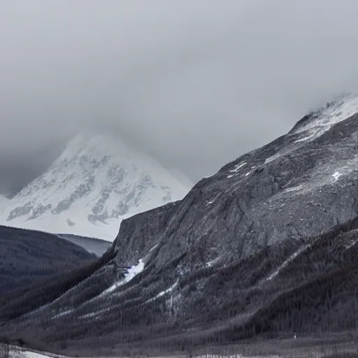 Prompt: a artic landscape with a large, satanic temple on it. mountains that are snow capped are in the background. there is a group of black hooded cultists at the top of the satanic temple. overcast sky, snowing, grainy.