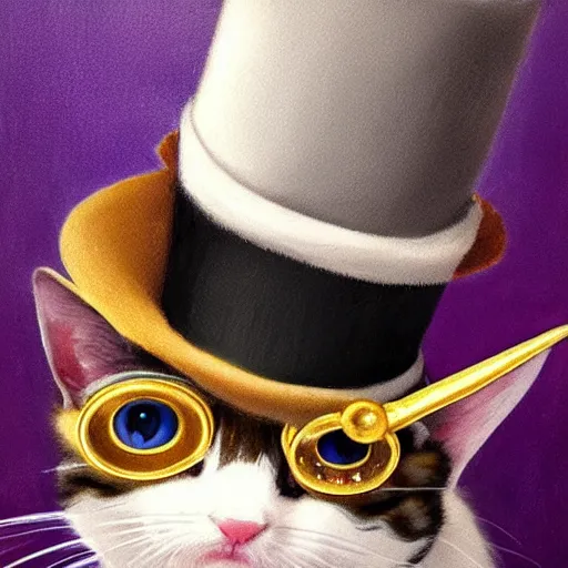 Image similar to a photorealistic, detailed, 4 k, painting of a baby cat wearing a top hat and monocle