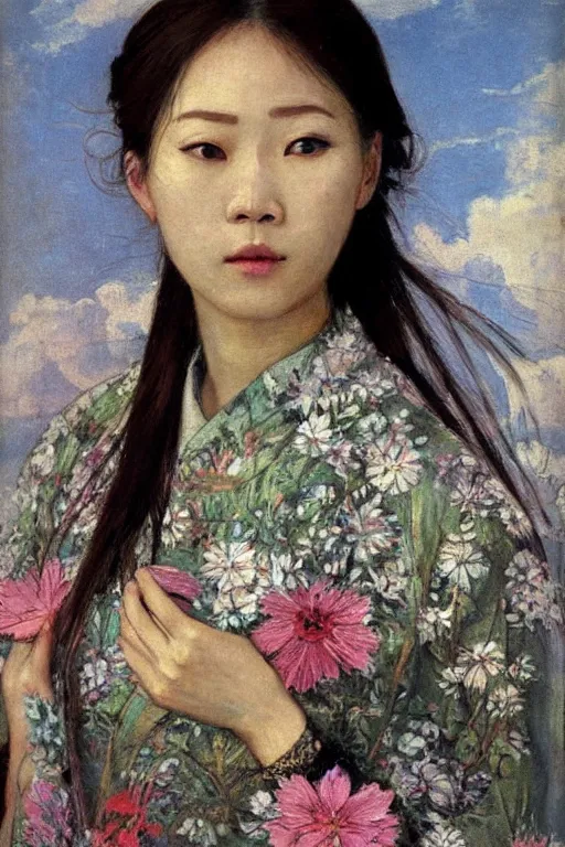 Image similar to close - up fashion asian woman portrait airy flowers sacura cloudy sky art by vasnetsov