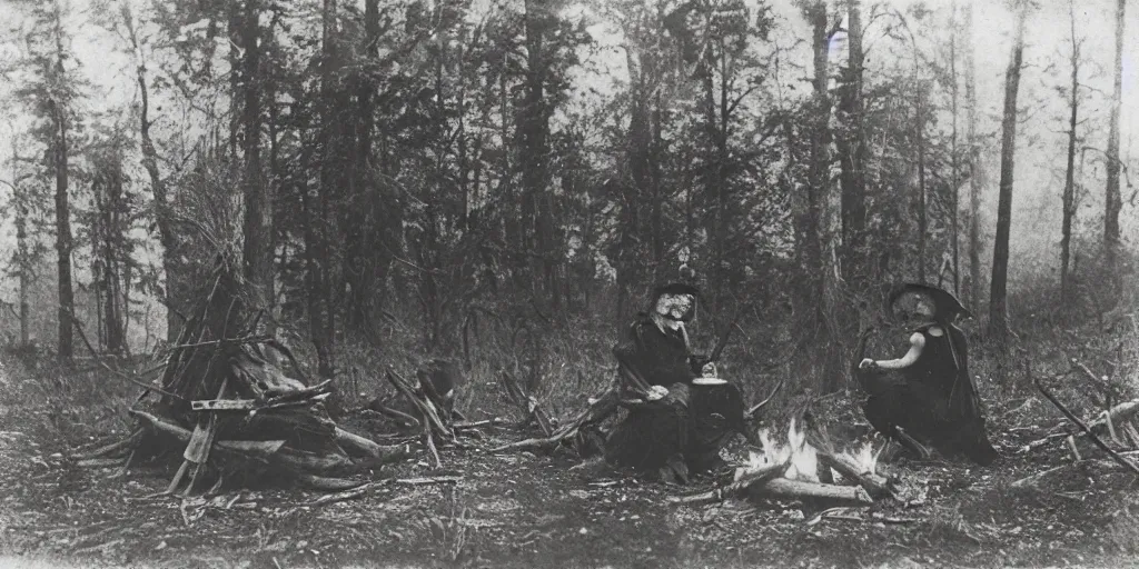 Prompt: Old witch next to campfire preparing ritual in an ominous forest, 1900s photography