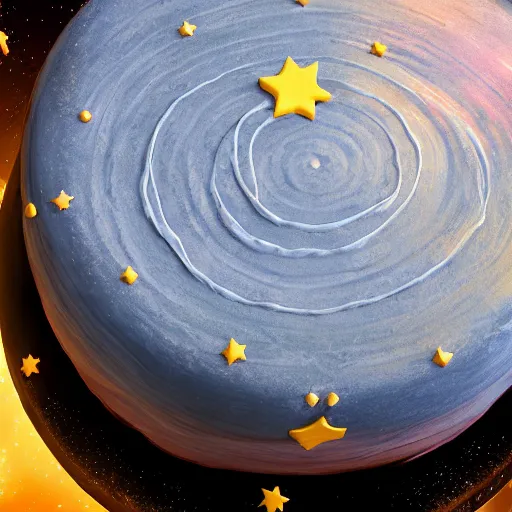 Image similar to Realistic cake with planets and stars on it, behance, artstation, unreal render, unreal engine 5, octane, intricate, 100mm, photorealistic, hyper realism, high detail, smooth, sharp focus, bokeh, 8k, movie shot, cinematic perspective, studio shot