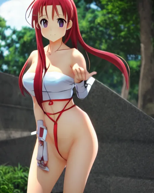 Prompt: photo of asuna from sao in the middle of the city, asuna by a - 1 pictures, by gil elvgren, enoch bolles, glossy skin, pearlescent, anime, very coherent, maxim magazine, 3 d, vray, unreal 5, octave rendey, maya