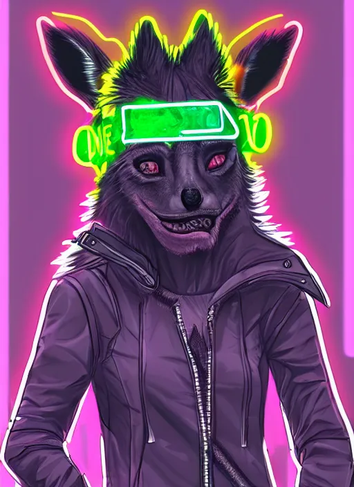 Image similar to digital drawing of anthromorphic hyena female drawn in cell shaded, fursona, furry fandom, neon rainy cyberpunk setting, anthro, wearing cyberpunk 2 0 7 7 jacket, detailed face,