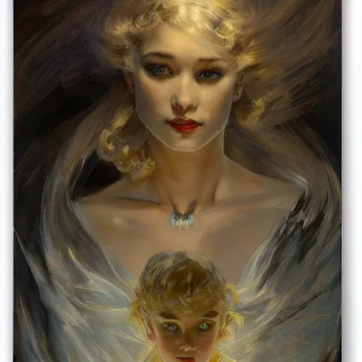 Image similar to a pair of glowing silver eyes shining in the darkness belonging to a mysterious young girl who's silhouette is hardly visible in the darkness. by jc leyendecker. gaston bussiere