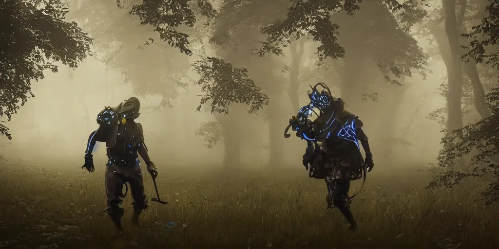 Image similar to a beautifully strange image of a gamekeeper wearing a dieselpunk mechanical fluorescent mystical animal mask. walking in the misty, dangerous river. in style of fornite game. award winning. dramatic. trending on artstation. high quality. rendered by beeple, by makoto shinkai, syd meade, digital art, unreal engine 5, fornite game. octane render