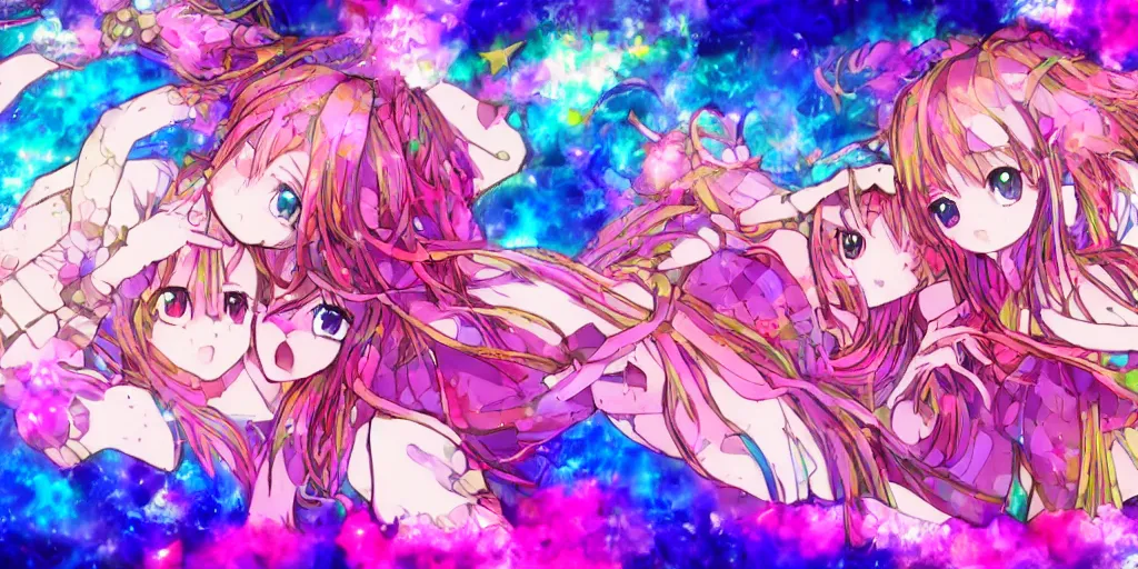 Prompt: Dreamy psychedelic anime, extremely colorful, geometric, Madoka witch labyrinth, patchwork, photoshop, HDR, 4k, 8k, abstract, two anime girls standing within two raging colorful vortexes, detailed and cute faces on the anime girls, very cute and childlike, hugging, smiles and colors, floating feelings, stars as pupils, extremely detailed anime eyes