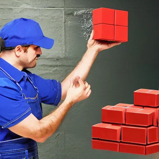 Image similar to plumber with a mustache, red overalls, jumping to hit a brick cube floating above the ground