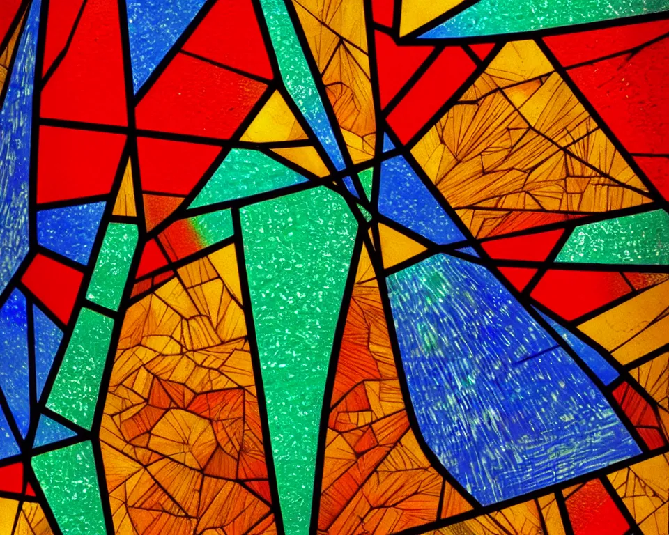 Prompt: an achingly beautiful, close-up print of fractured, geometric, vibrant stained glass by Raphael, Hopper, and Rene Magritte. detailed, romantic, enchanting, trending on artstation.