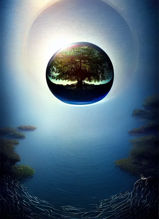 Image similar to transparent horizontally centered crystal sphere floating over a serene lake, tree of life inside the ball, intricate details, radiant light, reflections on the water, ripples, moody sky, hyperdetailed illustration by yuumei, by mark brooks, john harris, artstation, low global light, coherent composition