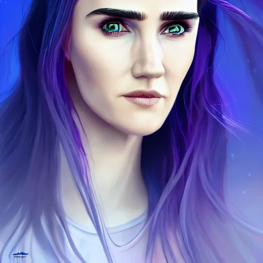 Prompt: beautiful witch female, Jennifer Connelly, blue and purple glowing hair, smiling, clear clean face, two perfect eyes, perfect eyes perfect symmetrical eyes, symmetrical face, blurry background, pose, Alexandra Fomina artstation, face by Ilya Kushinov style, style by Loish, painterly style, flat illustration, high contrast