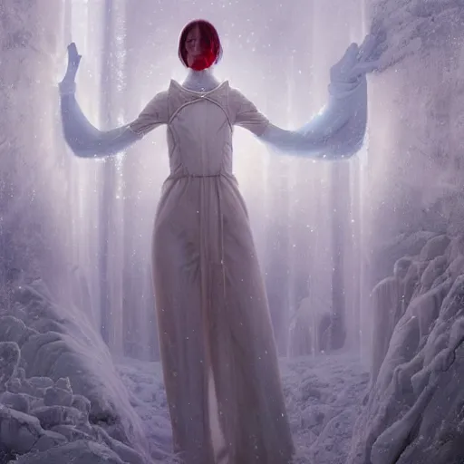 Prompt: a hyperrealistic illustration of a human in the Arctic, white long clothes, snow on the body, blue transparent ice with fractal sunlight, award-winning, masterpiece, in the style of Tom Bagshaw, Cedric Peyravernay, Peter Mohrbacher