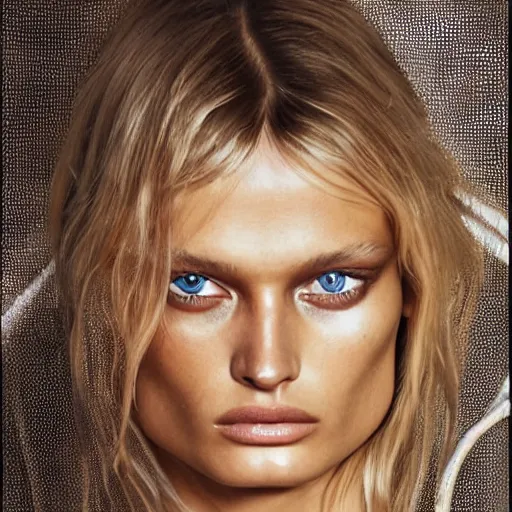 Prompt: portrait of young edita vilkeviciute, versace fashion show spring summer backstage, detailed face, greg rutkowski, intricate, elegant, highly detailed,