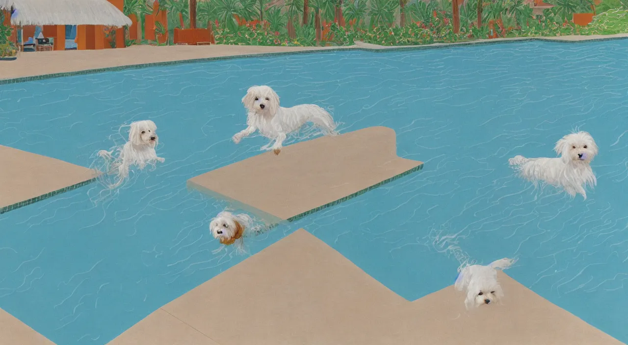 Prompt: medium shot of one cream colored havanese dog swimming in a swimming pool at a mid century modern house in palm springs by david hockney