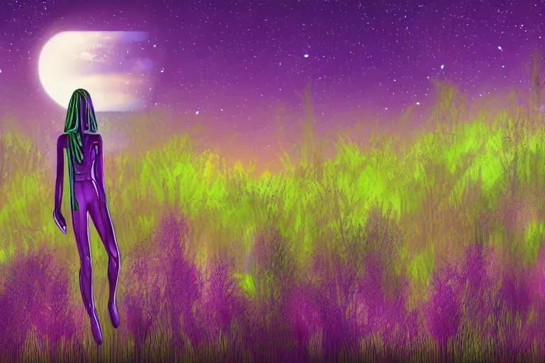 Prompt: a digital painting of a extraterrestrial alien female that's lost in a meadow, tall plants, purple lighting, night sky, glows, moonlight,