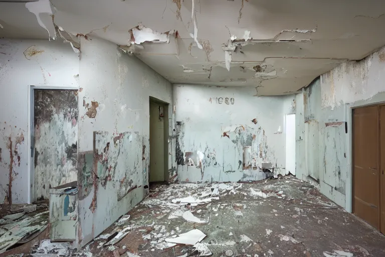 Prompt: photo of an abandoned hospital, operating theater, paint peeling off the walls, 35mm