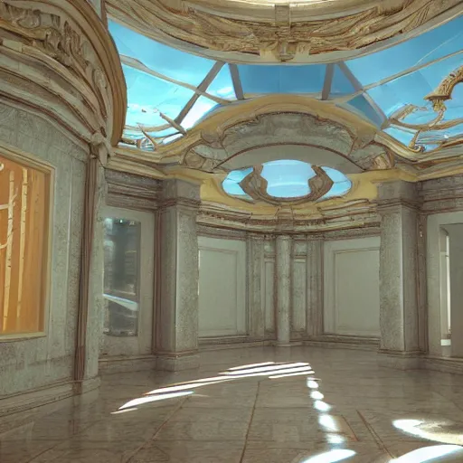 Prompt: vaporwave mansion, liminal space, high detail, rendered in unreal engine, 3d render, god rays, volumetric lighting, large windows, baroque, vegetation, golden lighting