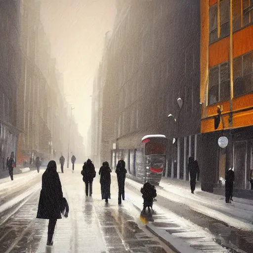 Image similar to two people in the street of london in winters, trending on artstation