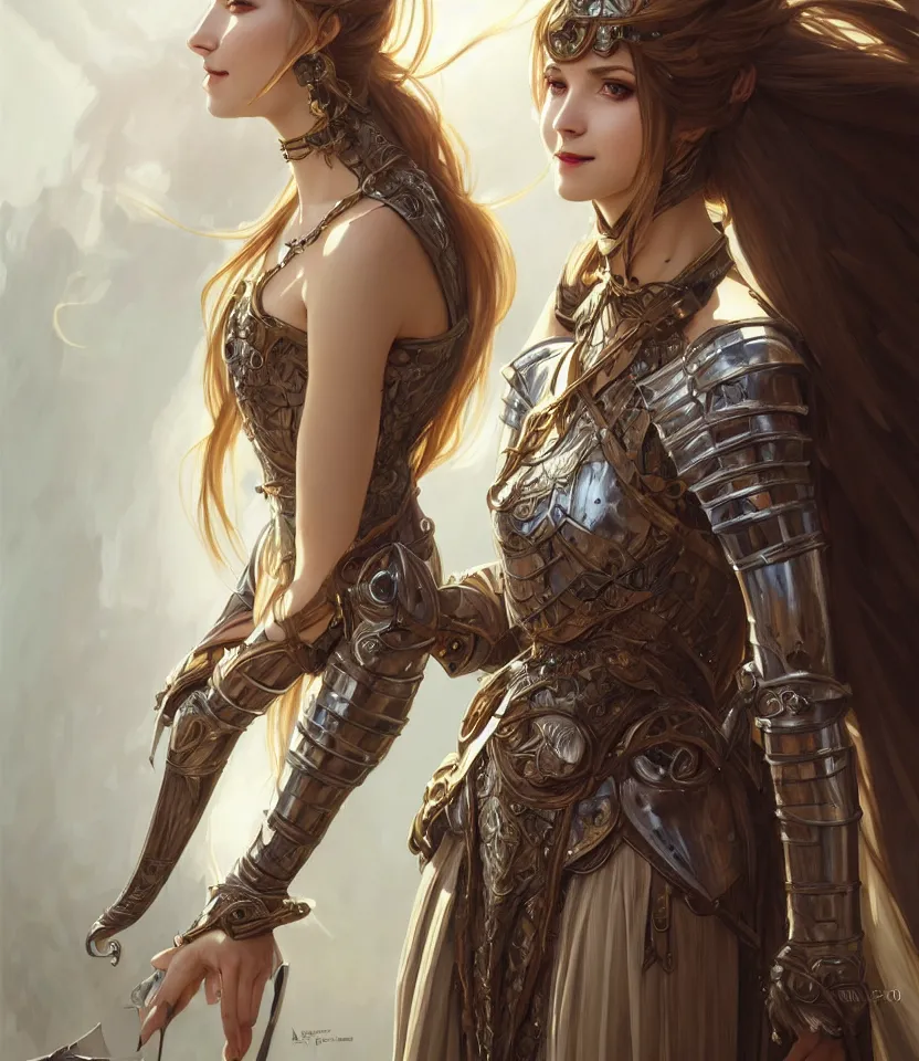 Prompt: portrait of a gorgeous female knight, looking at camera, D&D, choker on neck, stylish dress, very long flowing hair, intricate, elegant, stylish, cute smile, fantasy, extremely detailed, digital painting, artstation, concept art, smooth, sharp focus, illustration, ambient lighting, art by artgerm and greg rutkowski and alphonse mucha and simon stalenhag