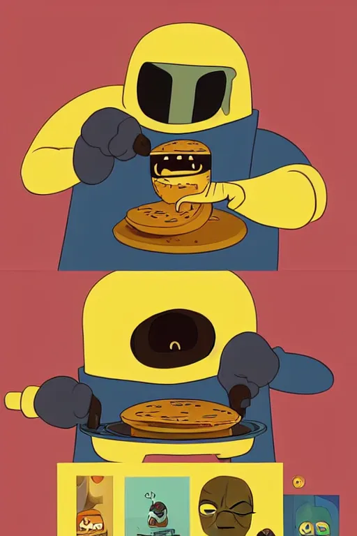 Image similar to mf doom making pancakes in style of adventure time, animation pixar style, by pendleton ward, magali villeneuve, artgerm, rob rey and kentaro miura style, golden ratio, trending on art station