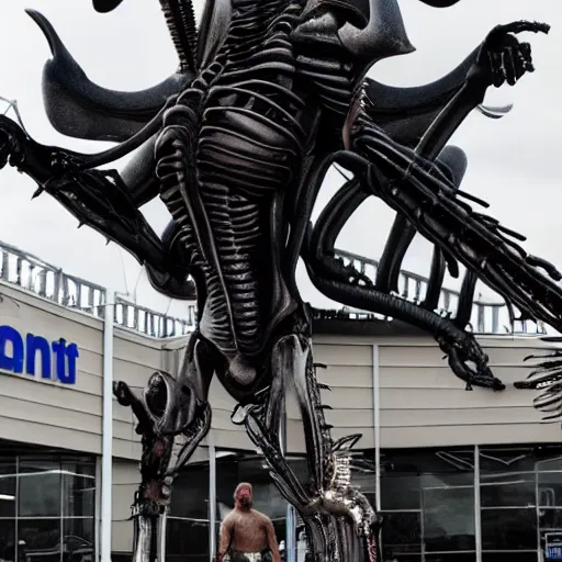 Prompt: a giant hr giger xenomorph alien queen standing on a busy walmart parking space in broad daylight. there are smashed cars