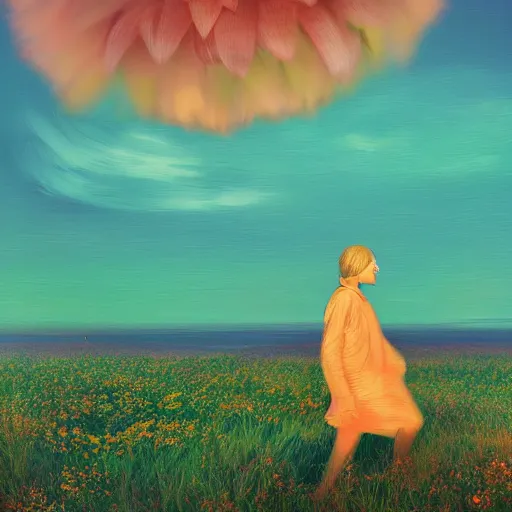 Image similar to closeup, giant dahlia flower as a head, a girl walking between dunes, surreal photography, sunrise, blue sky, dramatic light, impressionist painting, digital painting, artstation, simon stalenhag