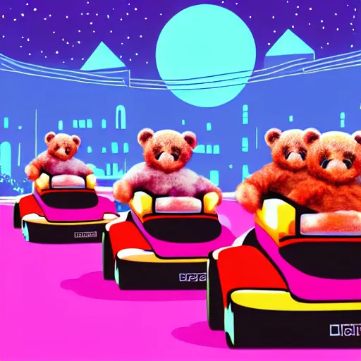 Prompt: teddy bears riding bumper cars in a theme park, synthwave, digital art